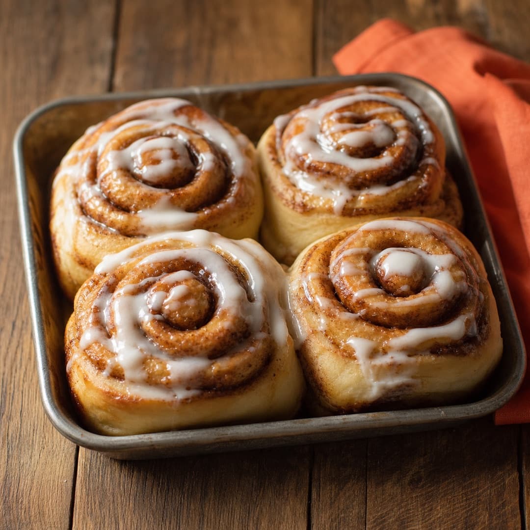 Presentación real de cuatro rolls de canela del catálogo Fondito